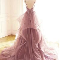Spaghetti Strap Dark Pink V-Neck Tulle Lace Prom Dresses - Thumbnail 1
