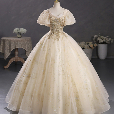 Champagne tulle sequins long a-line ball gown - Thumbnail 1