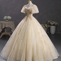 Champagne Tulle Sequins Long A-Line Ball Gown - Thumbnail 2