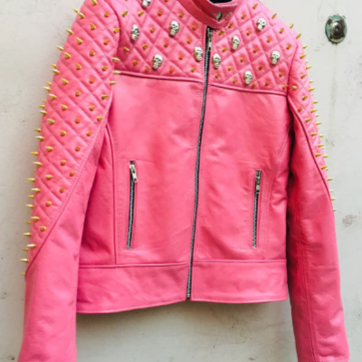 Crafted leather women pink quilted gold studded skeletons genuine leather jacket - Thumbnail 4
