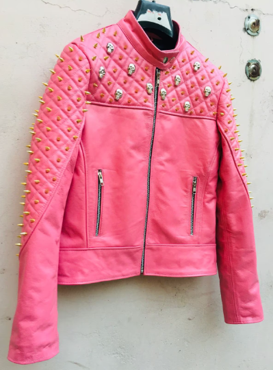Crafted Leather Women Pink Quilted Gold Studded Skeletons Genuine Leather Jacket