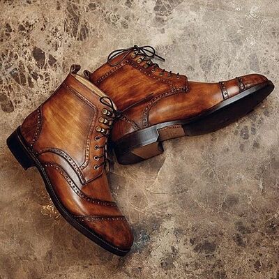 Men's handmade brown leather oxford brogue toe cap lace up derby ankle boots - Thumbnail 1