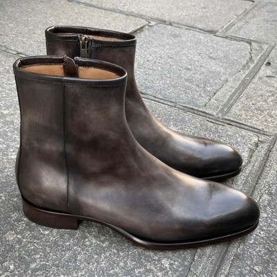 Men's handmade gray patina zipper ankle jumper boots - Thumbnail 2