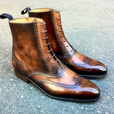 Men's handmade tan patina leather oxford brogue wing tip lace up ankle boots - Thumbnail 2