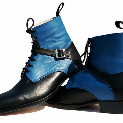 Men's handmade mens blue black leather boots, mens black two tone formal fashion boot - Thumbnail 1