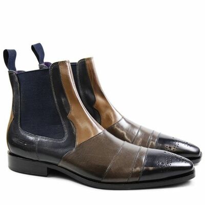 Men's handmade three tone leather & suede oxford brogue wingtip zipper derby ankle boots - Thumbnail 1