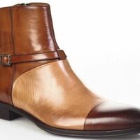 Men's Handmade Three Tone Leather Single Buckle Strap Toe Cap Ankle Boots - Thumbnail 1