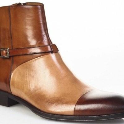 Men's handmade three tone leather single buckle strap toe cap ankle boots - Thumbnail 2