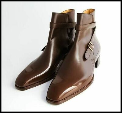 Men's Handmade Brown Leather Single Buckle Strap Ankle Boots