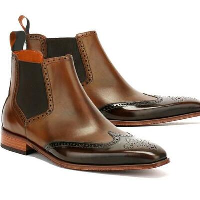 Handmade brown color ankle wing tip chelsea leather boots for men's - Thumbnail 1