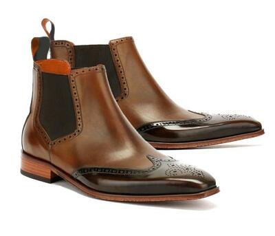 Handmade Brown Color Ankle Wing Tip Chelsea Leather Boots For Men's