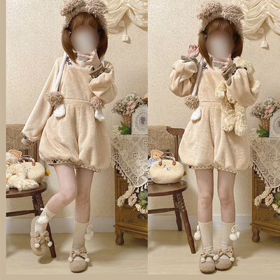 Original cute embroidered plush  overalls + sweatshirt set