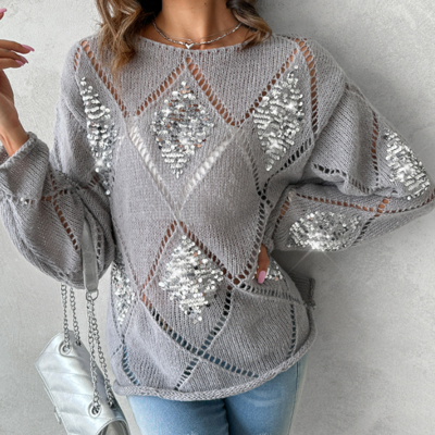 Women's loose grey long sleeved sequin knitted sweater