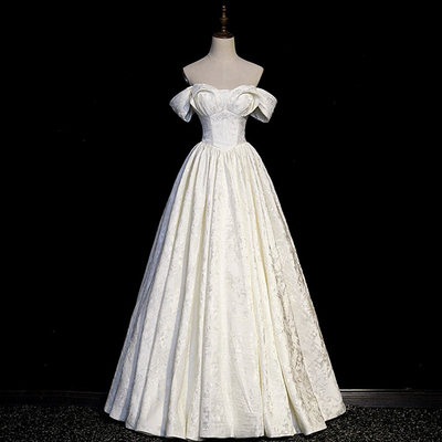 Light champagne print long prom dress, off the shoulder evening party dress - Thumbnail 2