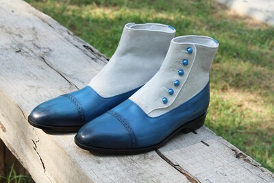 Crafted Leather Handmade Blue Leather & White Suede Button Dress Boots, Men Ankle High Fashion Boot