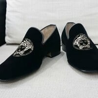 Crafted Leather Handmade Men Black Velvet Loafers Dress Shoes - Thumbnail 1