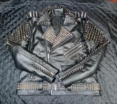 Crafted Leather Handmade Women Punk Style Black Studded Leather Jacket Large Spike Sliver Studs