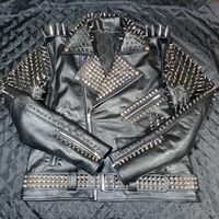 Crafted Leather Handmade Women Punk Style Black Studded Leather Jacket Large Spike Sliver Studs - Thumbnail 1
