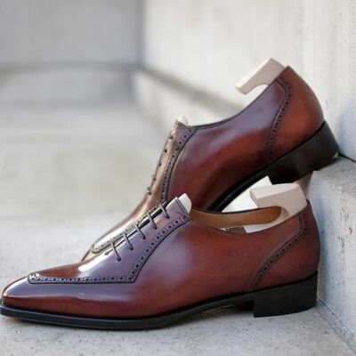 Handmade brown oxfords formal design lace up shoes for men - Thumbnail 2