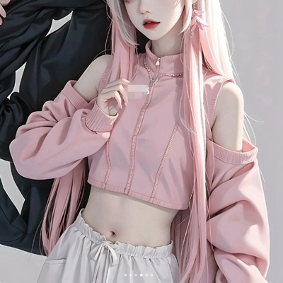 Pink preppy off-shoulder long-sleeved cardigan jacket