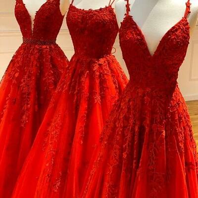 Elegant a line red long prom dress with lace - Thumbnail 4