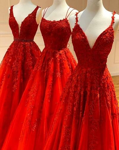 Elegant A Line Red Long Prom Dress with Lace