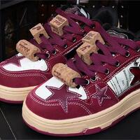 Burgundy Red Star Sneakers Casual Shoes - Thumbnail 1