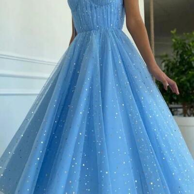 Sexy blue tea length tulle party dress