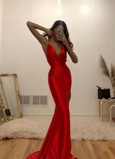 Sheath Straps Long Red Prom Dress 