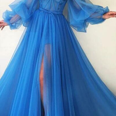 A line tulle blue long sleeves prom evening dresses - Thumbnail 3