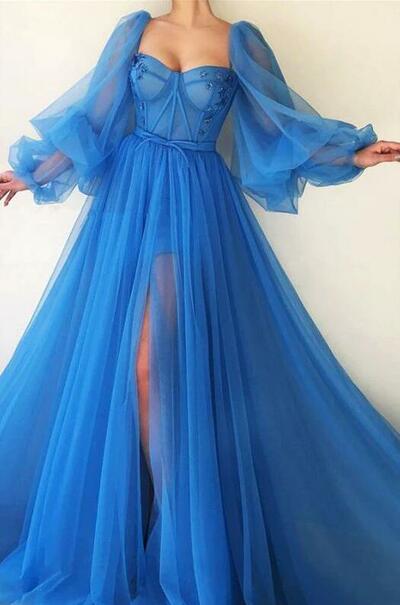 A Line Tulle Blue Long Sleeves Prom Evening Dresses