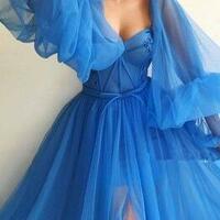 A Line Tulle Blue Long Sleeves Prom Evening Dresses - Thumbnail 1