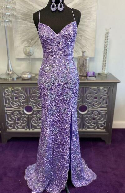 Straps Lavender Sequined Prom Dress with Side Slit