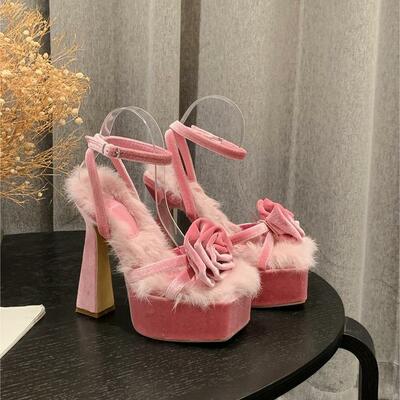 Furry velvet flower high heels - 2 colors