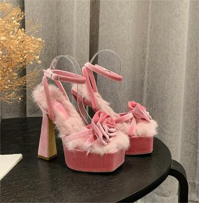 Furry velvet flower high heels - 2 colors