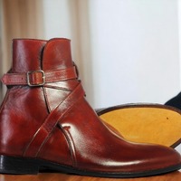 Men's Handmade Brgundy Jodhpurs Ankle High Boot, Luxury Boot - Thumbnail 3
