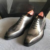 Men's Gray Wingtip Formal Dress Lace Up Formal Shoes Handmade Edition - Thumbnail 1