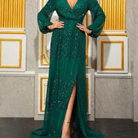 Women's V Neck Split Thigh Sequin Maxi Dress Long Sleeve Cocktail Evening Dresses，1666 - Thumbnail 2