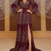 Women's V Neck Split Thigh Sequin Maxi Dress Long Sleeve Cocktail Evening Dresses，1666 - Thumbnail 5
