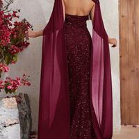Mock Neck Cloak Sleeve Sequin Formal Dress,Simple Prom Dresses,2024 Cheap Evening Dresses,1667  - Thumbnail 1