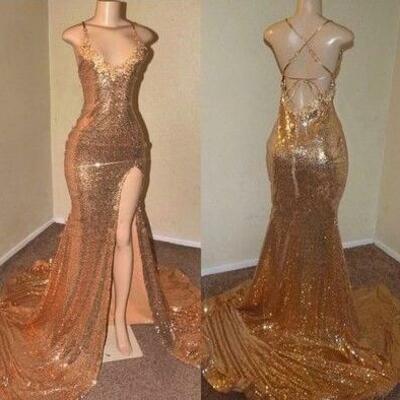 Spaghetti-straps gold sequin slit prom dresses - Thumbnail 4