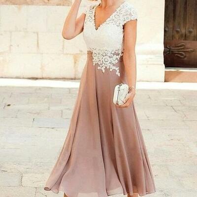 Simple chiffon mother of the bride lace dress with cap sleeve  - Thumbnail 2