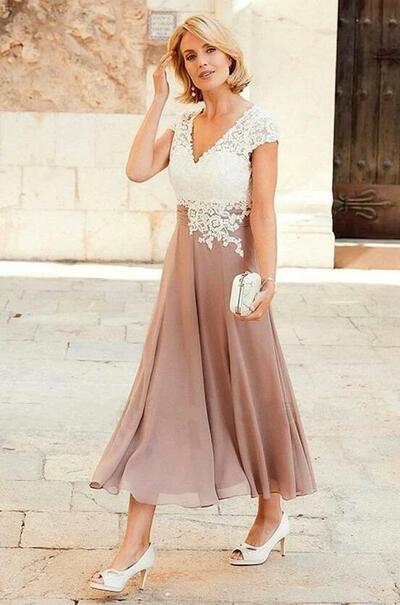 Simple Chiffon Mother of the Bride Lace Dress With Cap Sleeve 