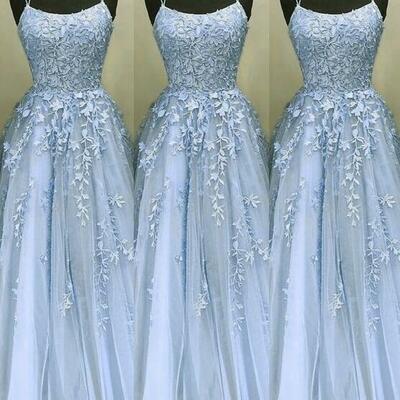 A line straps baby blue lace prom dress - Thumbnail 5