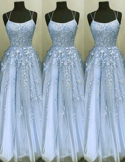 A Line Straps Baby Blue Lace Prom Dress