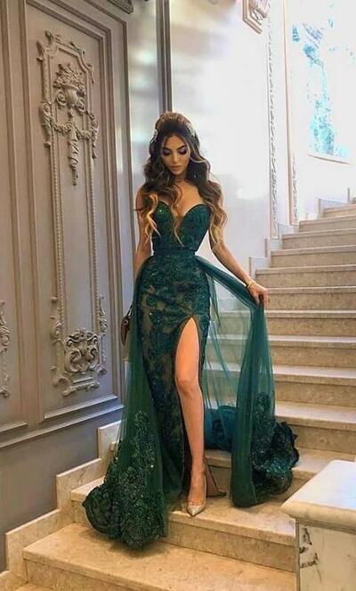 Sweetheart green sleeveless long lace prom dress with split