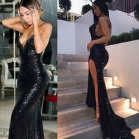 Mermaid Black Sequined Long Prom Evening Dresses - Thumbnail 1