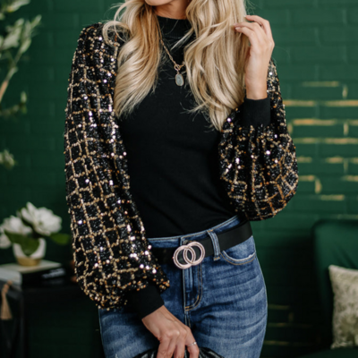 Checkered Sequins Splicing Long Sleeve Sweater