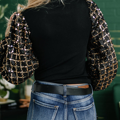 Checkered sequins splicing long sleeve sweater