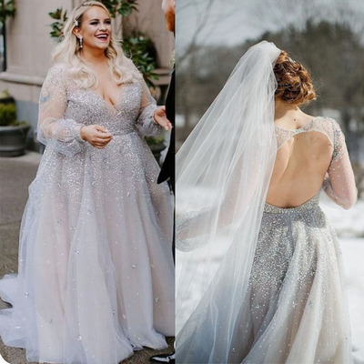 Sparkly Plus Size Wedding Dresses Bridal Gown with Sleeves